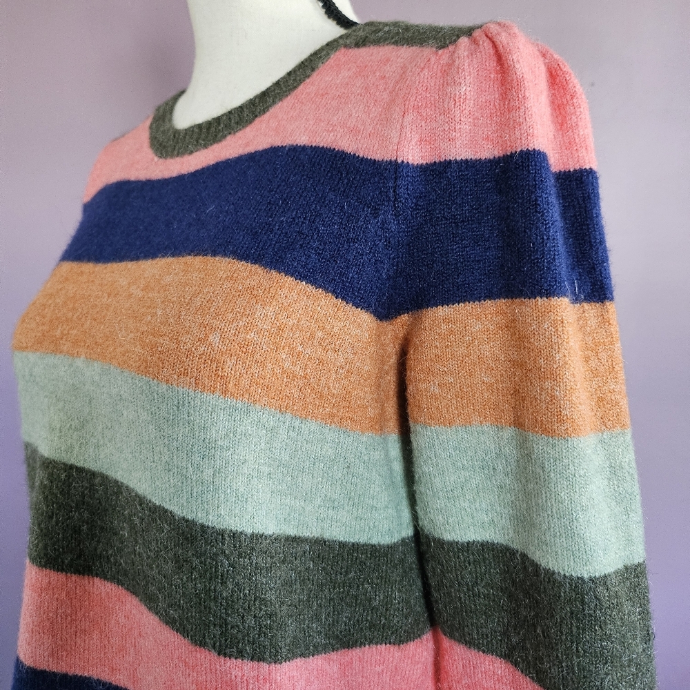 Talbots Multicolor Bold Stripe Acrylic Blend Puff Shoulder Crew Neck Sweater - Picture 5 of 8